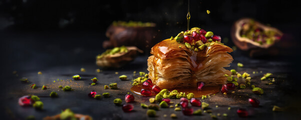 turkish baklava with sugar syrup made of fresh fresh puff pastry as wide banner with copyspace area - Generative AI