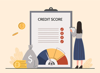 Credit score concept. Woman with notebook analyzes income and expenses. Bank employee makes rating of client. Mortage and rent, debt. Scale showing good value. Cartoon flat vector illustration