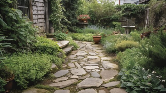 A gently winding stone pathway on one edge of the garden leading to a secret sitting area. AI generated