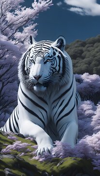 Bild enthält einen weißen Tiger, im Hintergrund sind Japanische Sakura Bäume und Wald zusehen.