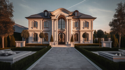 Fototapeta na wymiar Exterior of modern luxury house with garden and beautiful sky, AI Generative
