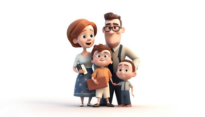 happy cartoon family portrait of father and mother with their children for family bonding concepts isolated on white background as wide banner with copyspace area - Generative AI