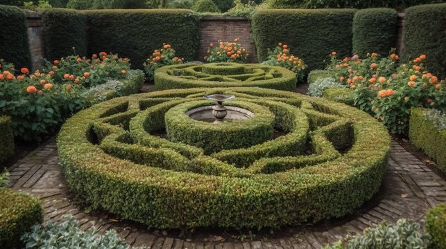A knot garden made of boxwood with a small round-shaped rose bush as a centerpiece. AI generated