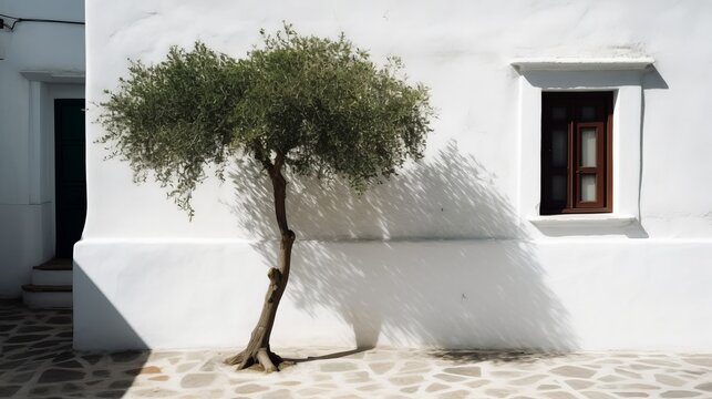 A lone olive tree against the white-walled facade of the house. AI generated