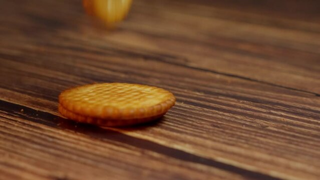 baskits stacking on table -breakfast - wooden background (4k - slow motion)[ high quality colors]