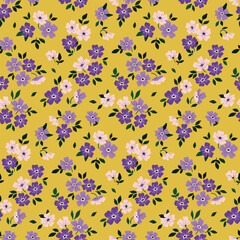 Seamless floral pattern, liberty ditsy print of tiny hand drawn botany. Cute botanical surface design with a rustic motif: small blue flowers, leaves on a yellow background. Vector illustration.