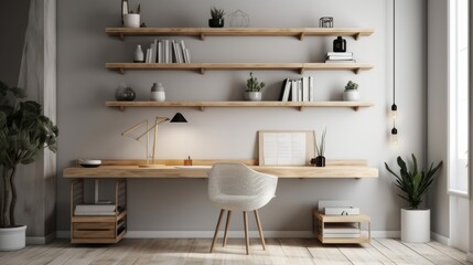 A minimalist workspace with floating shelves and simple desk. AI generated