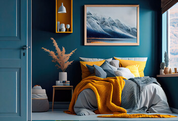 Cozy interior of the bedroom is yellow with blue walls. Bedroom in Scandinavian style. Generative AI