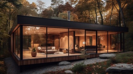 Fototapeta na wymiar A modern and inviting home with full glass walls and a wooden facade. AI generated