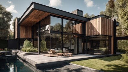 A modern and inviting home with full glass walls and a wooden facade. AI generated