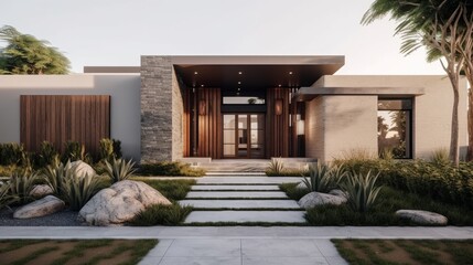 Obraz premium A modern exterior with simple yet striking landscaping and a minimalist gate design. AI generated