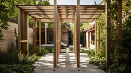 A modern garden with a clean-lined pergola and statement sculptures. AI generated