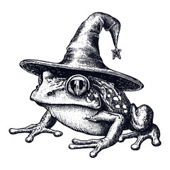 frog wizard wearing a magic hat hand drawn sketch  - obrazy, fototapety, plakaty