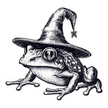 frog wizard wearing a magic hat hand drawn sketch 