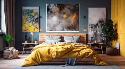 Cozy interior of the bedroom is yellow with blue walls. Bedroom in Scandinavian style. Generative AI