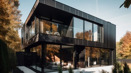 A modern home featuring clean black metal panels and large windows. AI generated