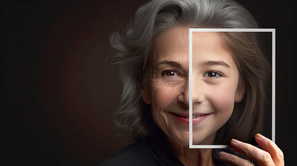 Obraz premium Elderly Woman With Wrinkled Skin Portrait Holding A Photo of Herself As A Young Girl With Perfect Skin - Generative AI.