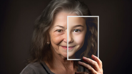 Elderly Woman With Wrinkled Skin Portrait Holding A Photo of Herself As A Young Girl With Perfect Skin - Generative AI.