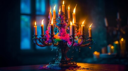 Capturing the Festive Spirit: A Vibrant Candelabra Photoshoot with Stunning Volumetric Lighting & Candle Flames on a Bright Background, Generative AI