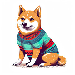 Cute shiba inu dog in ugly Christmas sweater, AI generative illustration, clip art, cartoon style - obrazy, fototapety, plakaty