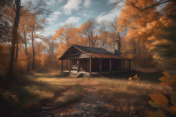 A peaceful cabin in the fall woods with glowing leaves. Created with generative AI.