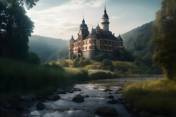 Fototapeta na wymiar A regal medieval castle on a hill with a winding river. Created with generative AI.