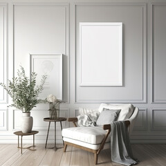 Frame mockup, cozy living room, modern nursery interior. Generative AI.