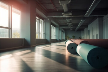 Fototapeta Modern yoga gym interior with unrolled yoga mats equipment , Sports gym exercises , Healthy lifestyle , Generate Ai obraz