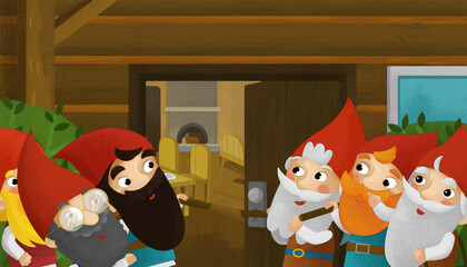 cartoon scene with dwarfs in the room illustration artistic painting style