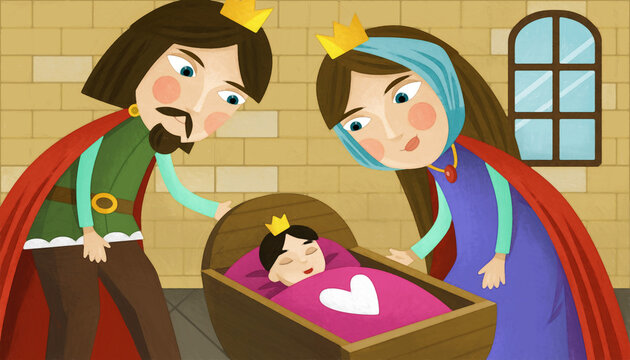 cartoon scene queen and king with son or daughter artistic painting style