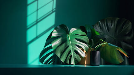 Summer tropical leaf with shadow on a green wall. Product display mockup scene. Generative ai