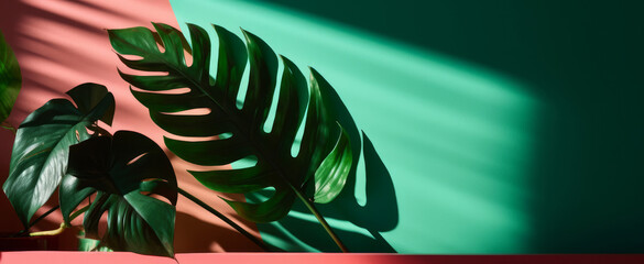 Summer tropical leaf with shadow on a green wall. Product display mockup scene. Generative ai