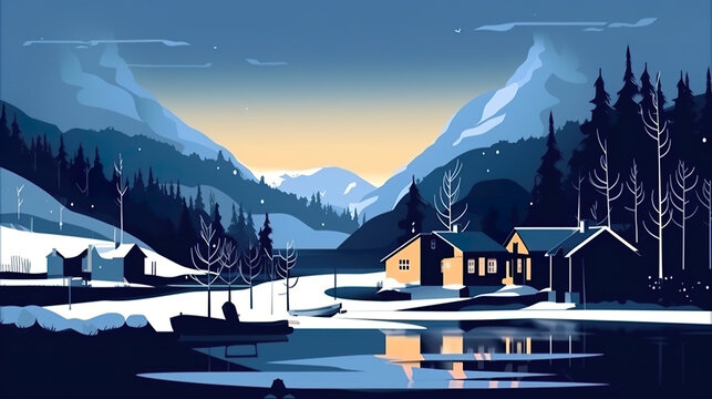 A painting of a snowy mountain scene with a lake. AI generative. Norway winterscape
