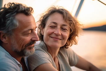 Smiling senior couple in love enjoying sunset on yacht in the sea, AI Generative