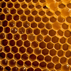 Full and empty sweet honeycomb as a texture. Juicy honeycomb macro shot. Bee honeycombs of geometric hexagonal shapes. 3D realistic illustration. Generative AI