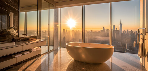 Ultra luxury modern interior of a penthouse condo bathroom in Manhattan NYC. Upscale beautiful decor with a golden skyscraper view (generative AI) - obrazy, fototapety, plakaty