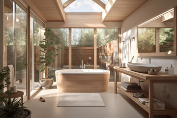A bath room with a tub a sink and a window. AI generative. Cosy Norvegian house