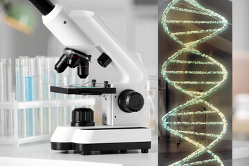 Genetic testing. Microscope and illustration of DNA structure in laboratory