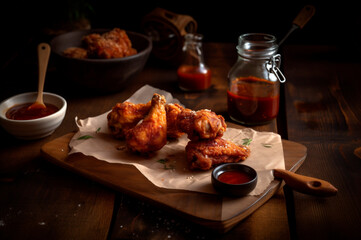 Portion of delicious crispy breaded fried chicken on rustic wooden table. AI generated