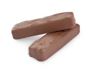Two tasty chocolate bars on white background