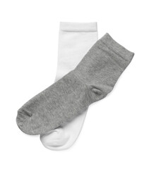 Different socks isolated on white, top view