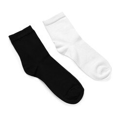 Different socks isolated on white, top view