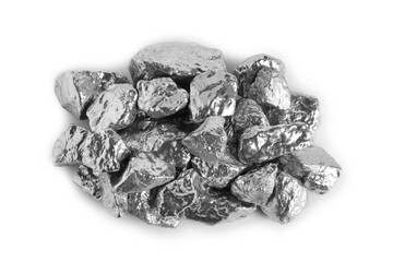 Pile of silver nuggets isolated on white, top view