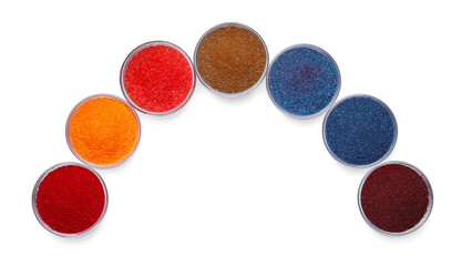 Glass bowls with different food coloring isolated on white, top view