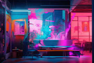 Office Den Meeting Room Lounge Work from Home Leather Furniture Therapy Couch Room Colorful Neon Painting Generative AI