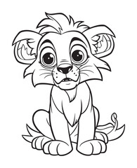 Hand drawn vector coloring page of  cartoonish lion pup. Coloring page for kids and adults. Print design, t-shirt design, tattoo design, mural art, line art. 