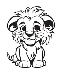 Hand drawn vector coloring page of  cartoonish lion pup. Coloring page for kids and adults. Print design, t-shirt design, tattoo design, mural art, line art. 