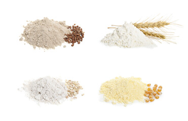 Different types of flour and ingredients on white background, collage design