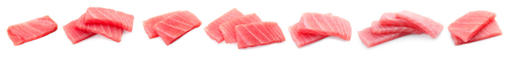 Collage with fresh tuna sashimi isolated on white