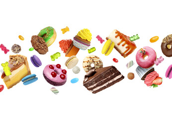 Many delicious sweets flying on white background
